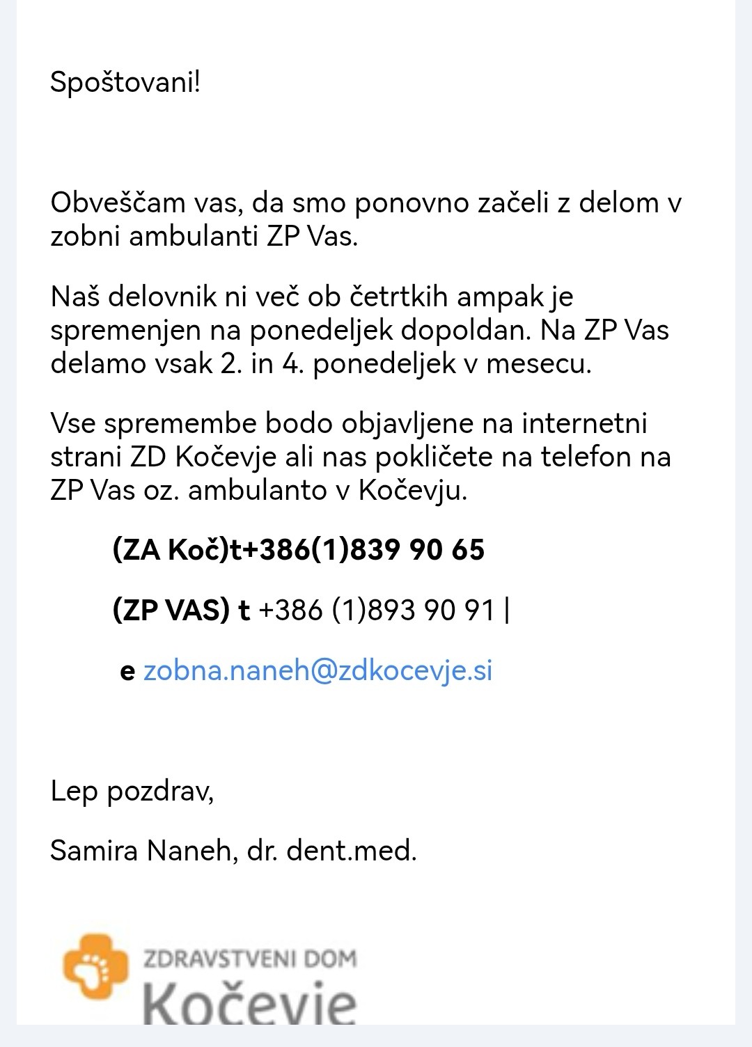 Delovni čas zobozdrav.amb ZP VAS